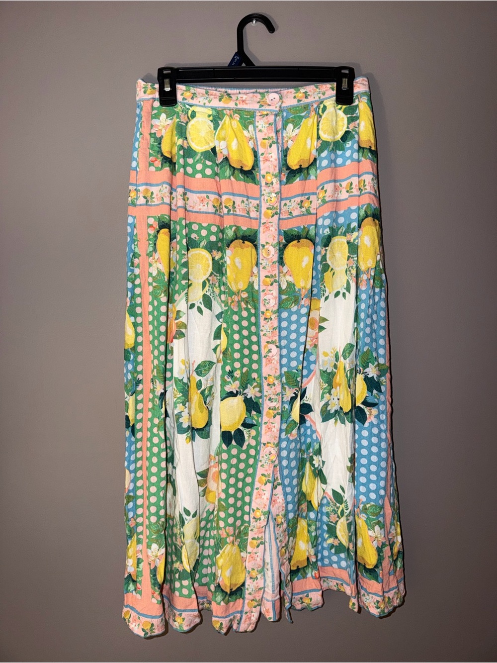 Rose & Olive Lemon & Pear Print Maxi Skirt in Green, Blue & Pink - Picture 6 of 6